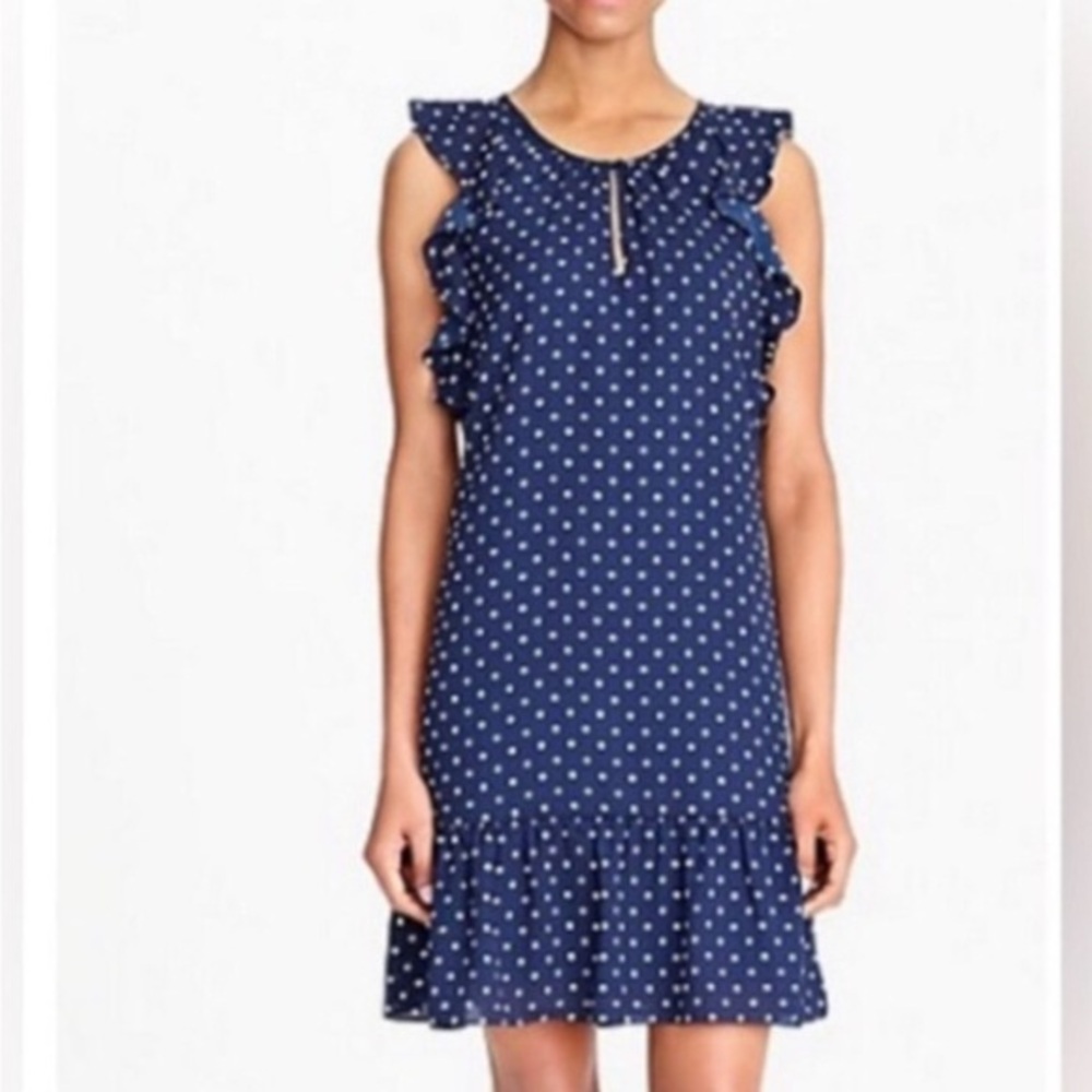 J. Crew Navy and White Polka Dot Ruffle Midi Dress